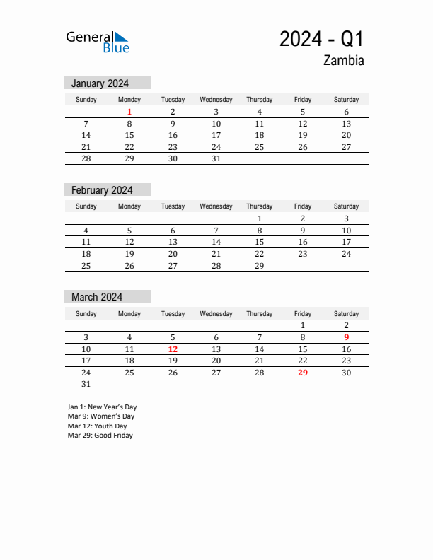 Zambia Quarter 1 2024 Calendar with Holidays