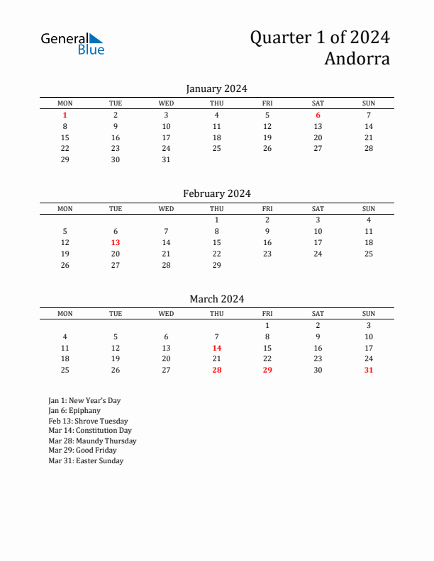 Quarter 1 2024 Andorra Quarterly Calendar