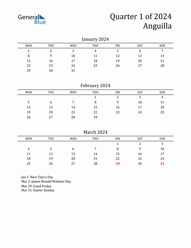 Quarter 1 2024 Anguilla Quarterly Calendar