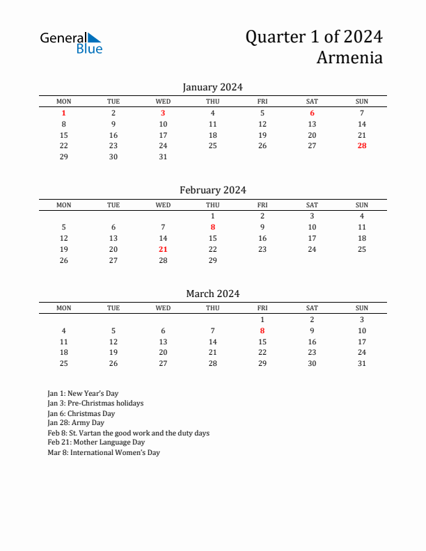 Quarter 1 2024 Armenia Quarterly Calendar