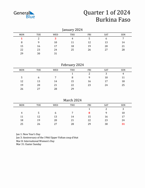 Quarter 1 2024 Burkina Faso Quarterly Calendar