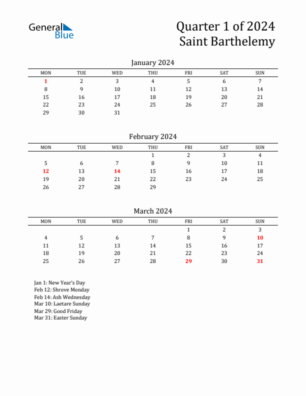 Quarter 1 2024 Saint Barthelemy Quarterly Calendar