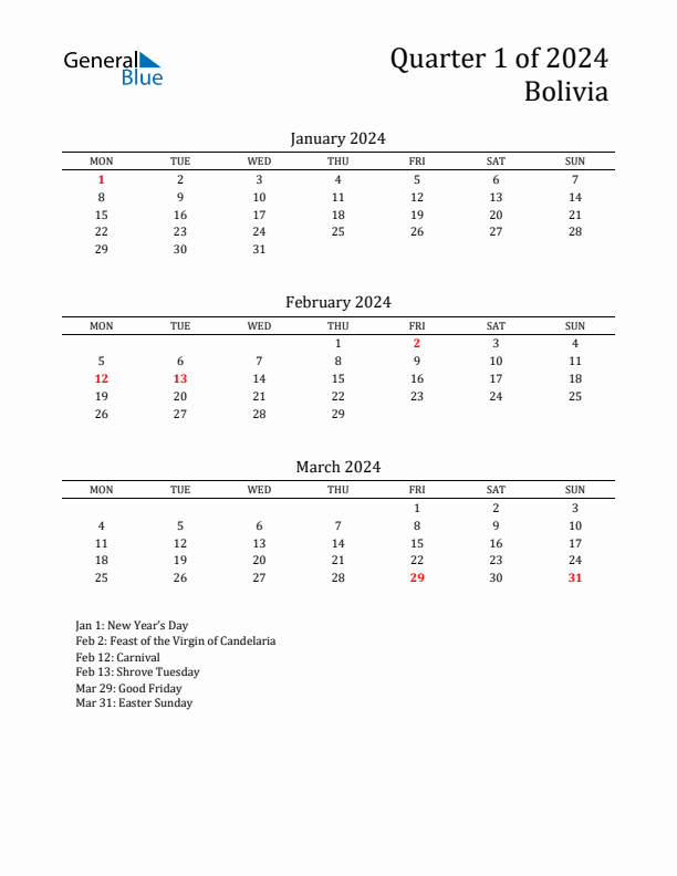 Quarter 1 2024 Bolivia Quarterly Calendar