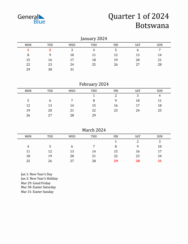 Quarter 1 2024 Botswana Quarterly Calendar