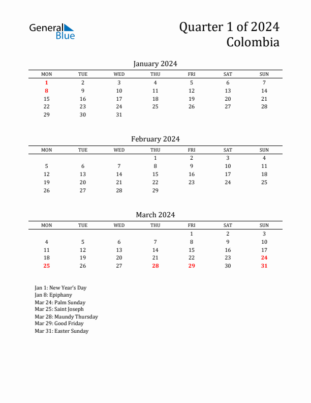 Quarter 1 2024 Colombia Quarterly Calendar