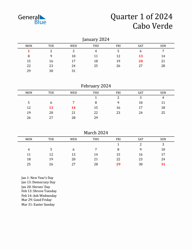 Quarter 1 2024 Cabo Verde Quarterly Calendar