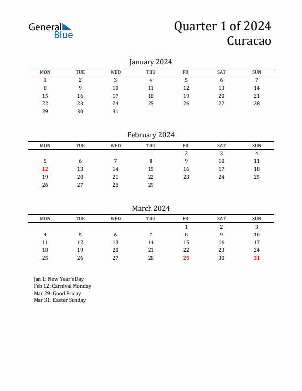 Quarter 1 2024 Curacao Quarterly Calendar