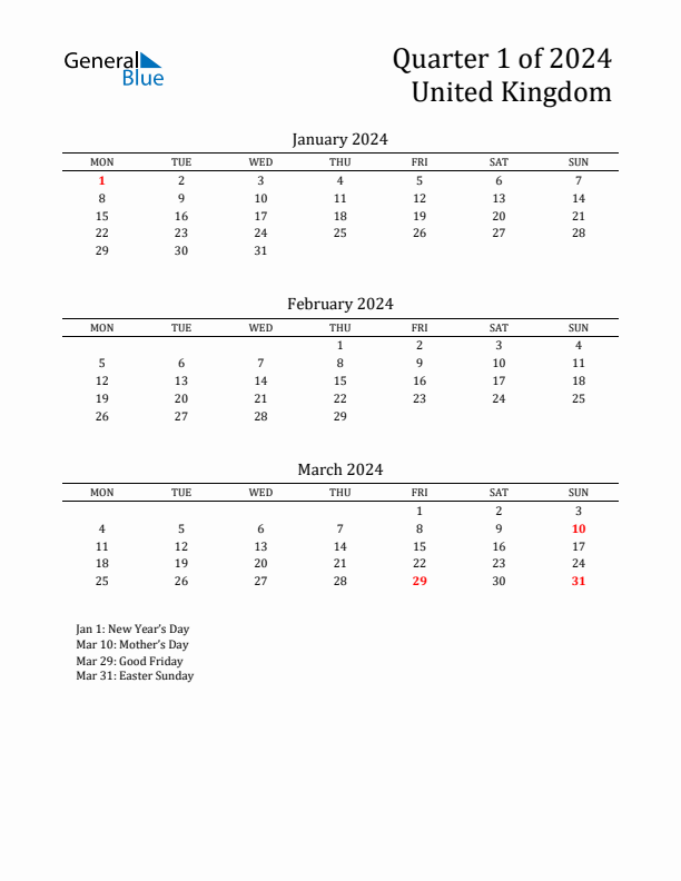 Quarter 1 2024 United Kingdom Quarterly Calendar
