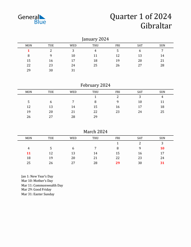 Quarter 1 2024 Gibraltar Quarterly Calendar