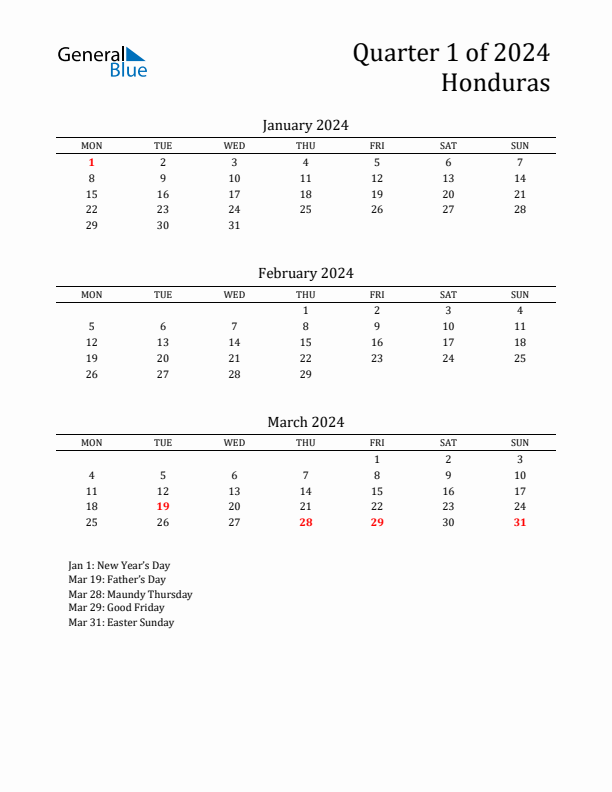 Quarter 1 2024 Honduras Quarterly Calendar