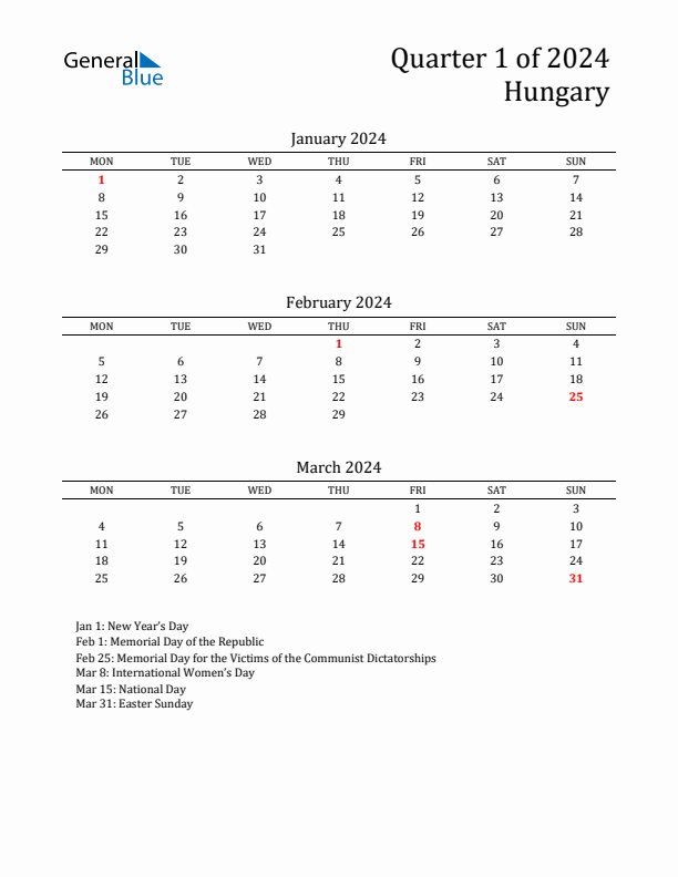 Quarter 1 2024 Hungary Quarterly Calendar