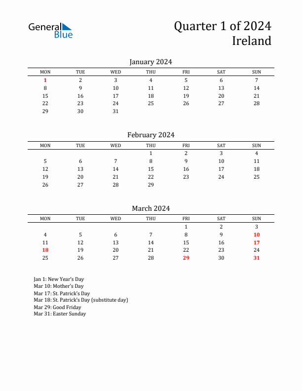 Quarter 1 2024 Ireland Quarterly Calendar