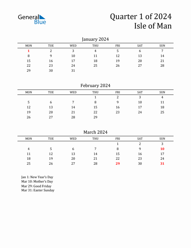 Quarter 1 2024 Isle of Man Quarterly Calendar