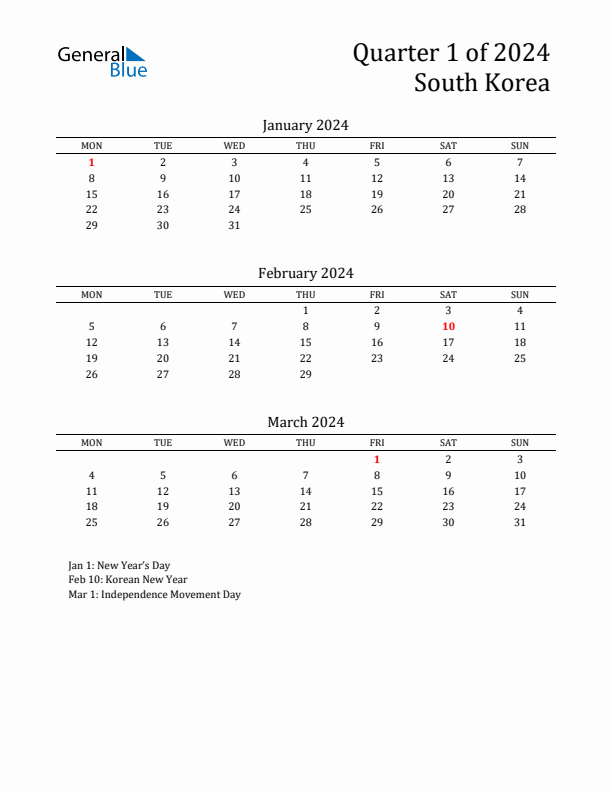 Quarter 1 2024 South Korea Quarterly Calendar