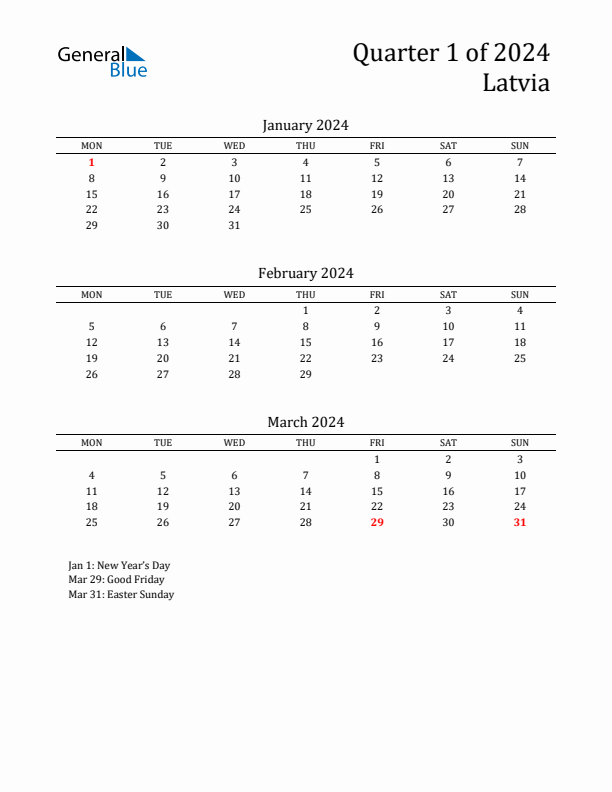 Quarter 1 2024 Latvia Quarterly Calendar