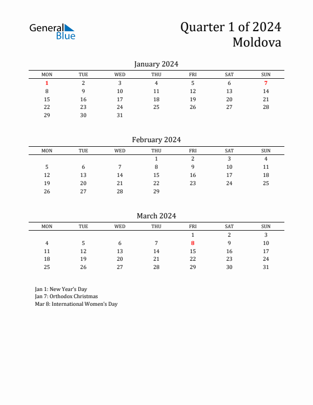 Quarter 1 2024 Moldova Quarterly Calendar