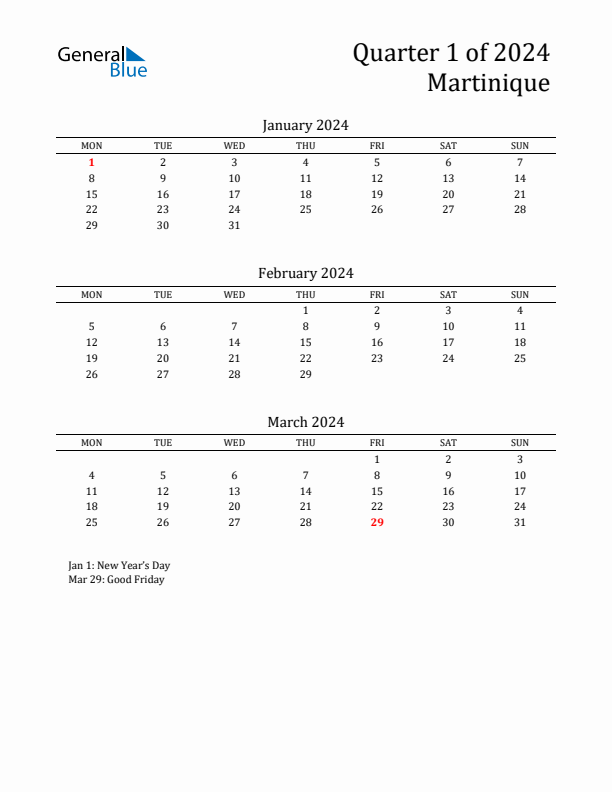 Quarter 1 2024 Martinique Quarterly Calendar