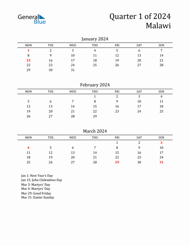 Quarter 1 2024 Malawi Quarterly Calendar