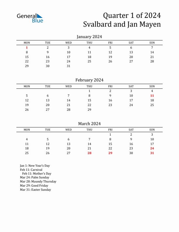 Quarter 1 2024 Svalbard and Jan Mayen Quarterly Calendar