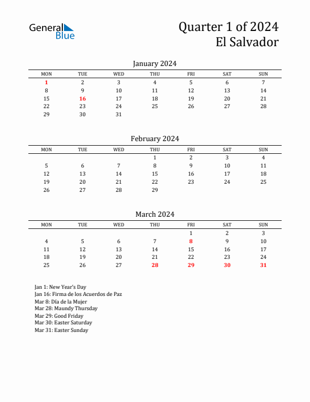 Quarter 1 2024 El Salvador Quarterly Calendar