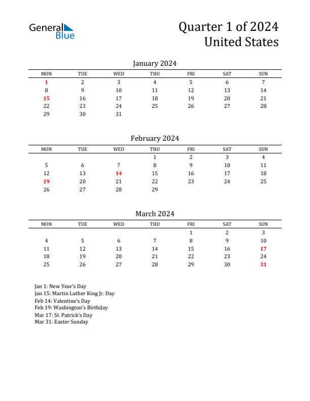 Quarter 1 2024 United States Quarterly Calendar