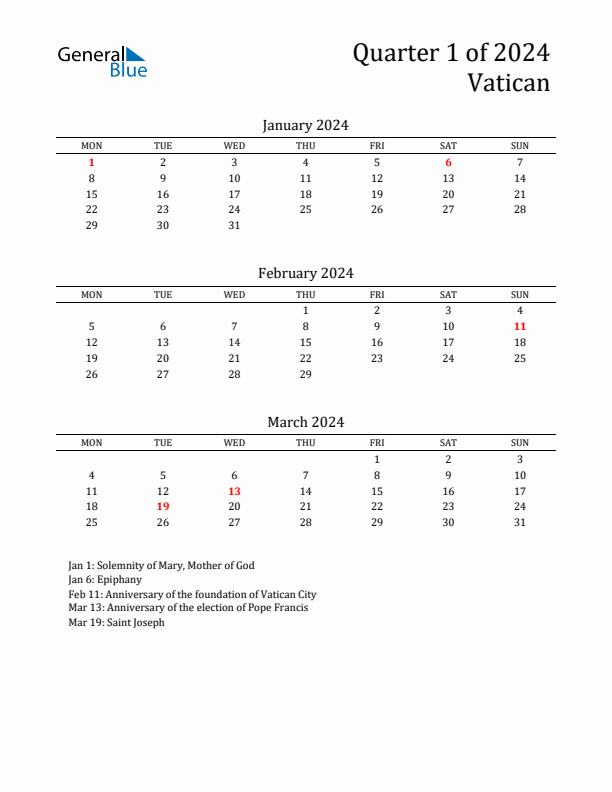 Quarter 1 2024 Vatican Quarterly Calendar