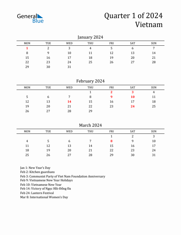 Quarter 1 2024 Vietnam Quarterly Calendar