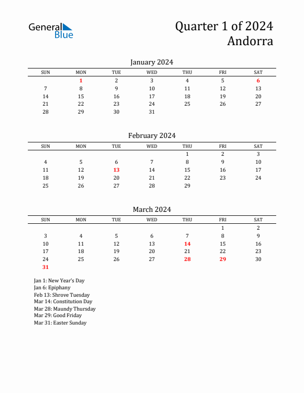 Quarter 1 2024 Andorra Quarterly Calendar