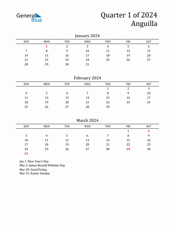 Quarter 1 2024 Anguilla Quarterly Calendar