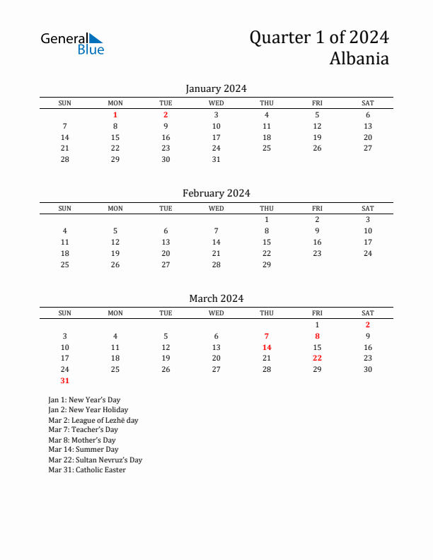 Quarter 1 2024 Albania Quarterly Calendar