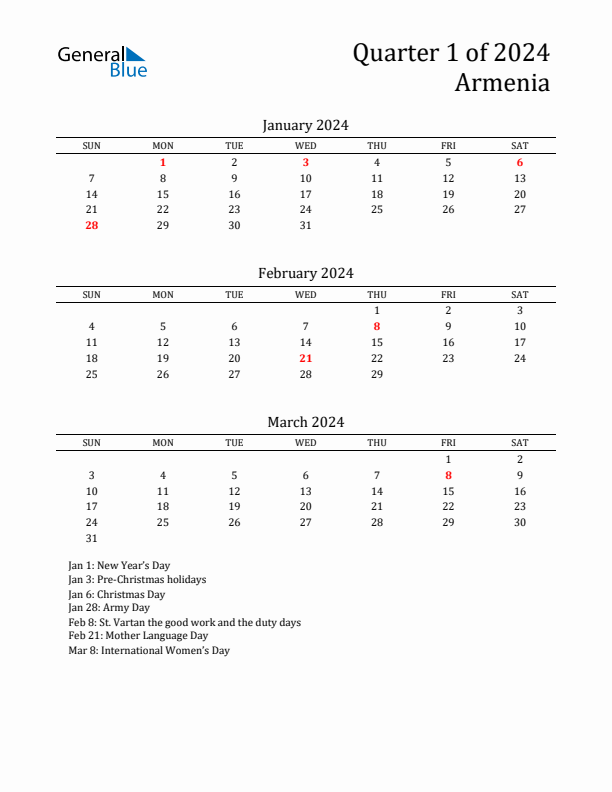 Quarter 1 2024 Armenia Quarterly Calendar