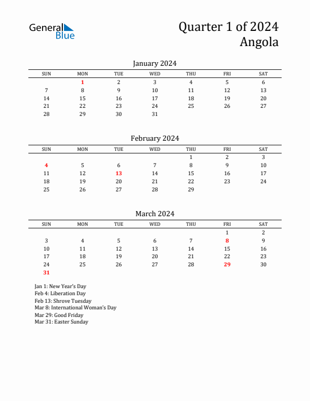 Quarter 1 2024 Angola Quarterly Calendar