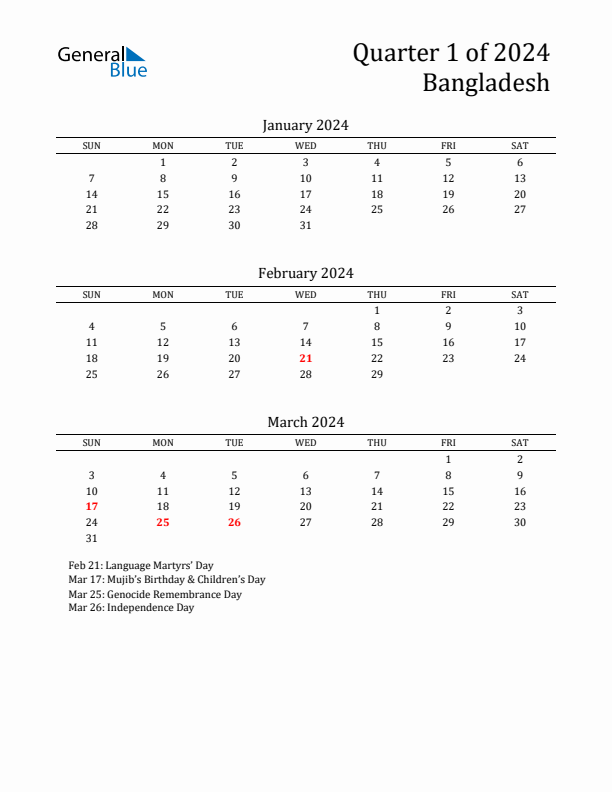 Quarter 1 2024 Bangladesh Quarterly Calendar