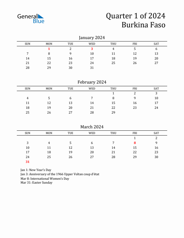 Quarter 1 2024 Burkina Faso Quarterly Calendar