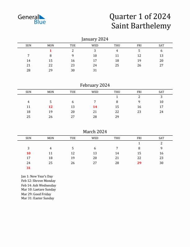 Quarter 1 2024 Saint Barthelemy Quarterly Calendar