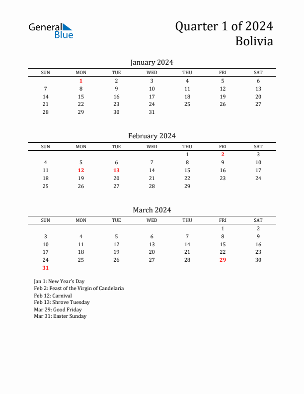 Quarter 1 2024 Bolivia Quarterly Calendar