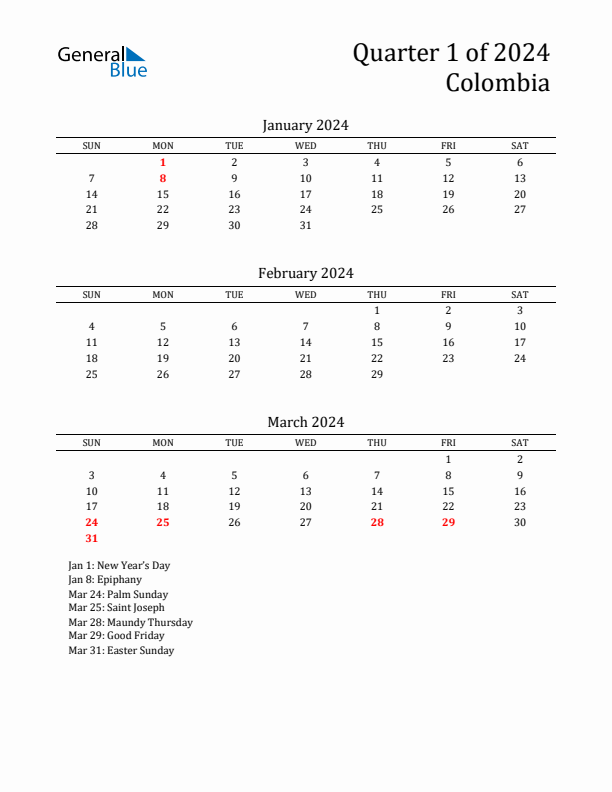 Quarter 1 2024 Colombia Quarterly Calendar