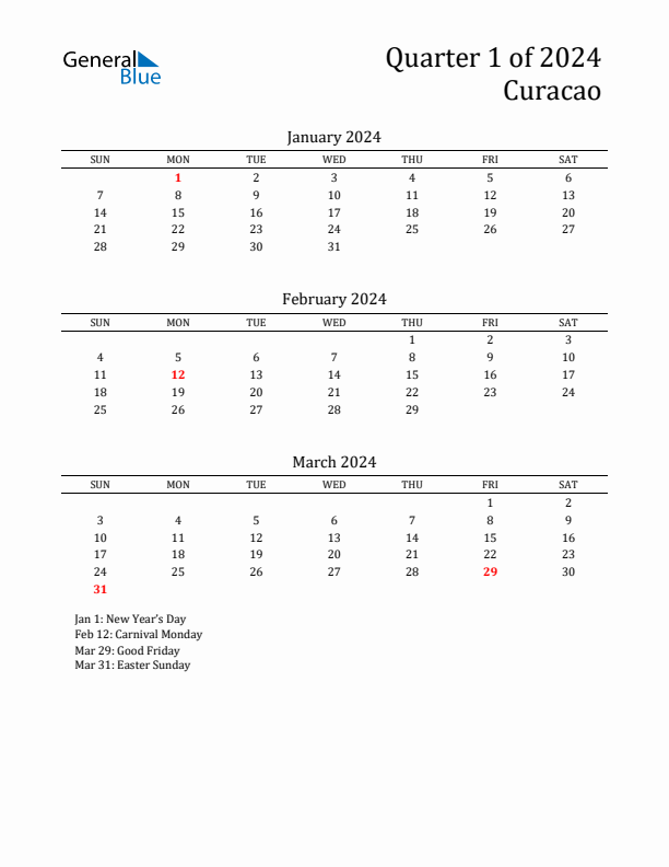 Quarter 1 2024 Curacao Quarterly Calendar