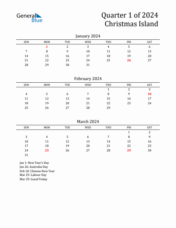 Quarter 1 2024 Christmas Island Quarterly Calendar