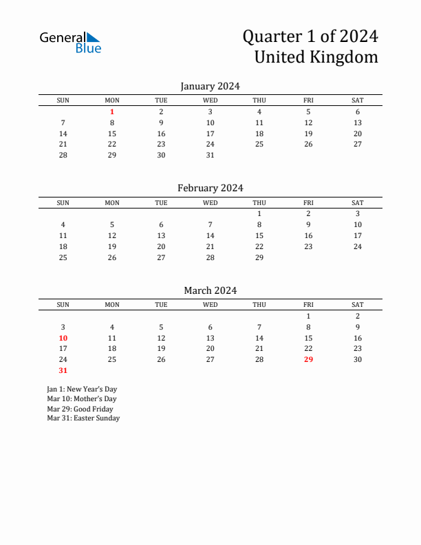 Quarter 1 2024 United Kingdom Quarterly Calendar