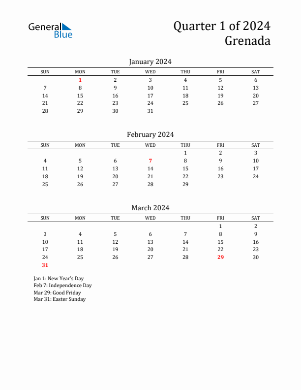 Quarter 1 2024 Grenada Quarterly Calendar