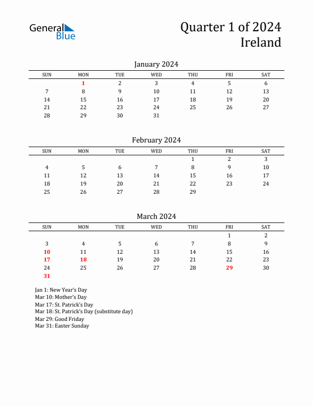 Quarter 1 2024 Ireland Quarterly Calendar