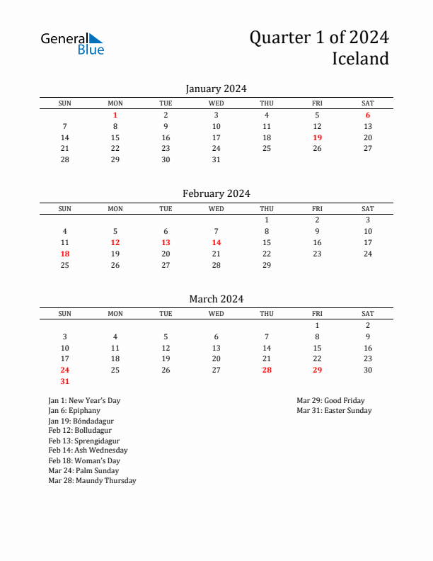 Quarter 1 2024 Iceland Quarterly Calendar