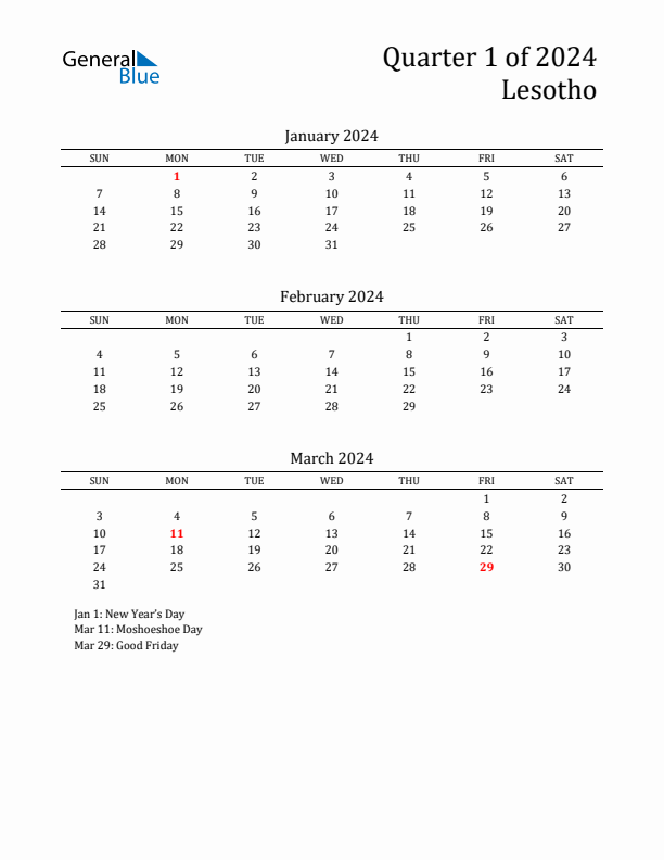 Quarter 1 2024 Lesotho Quarterly Calendar