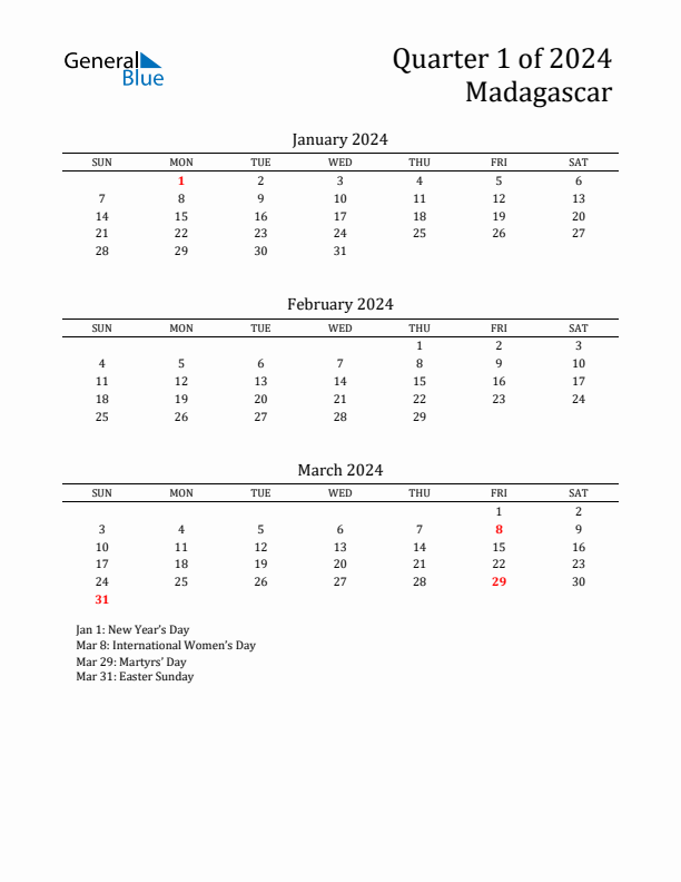 Quarter 1 2024 Madagascar Quarterly Calendar