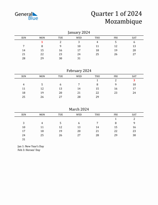 Quarter 1 2024 Mozambique Quarterly Calendar