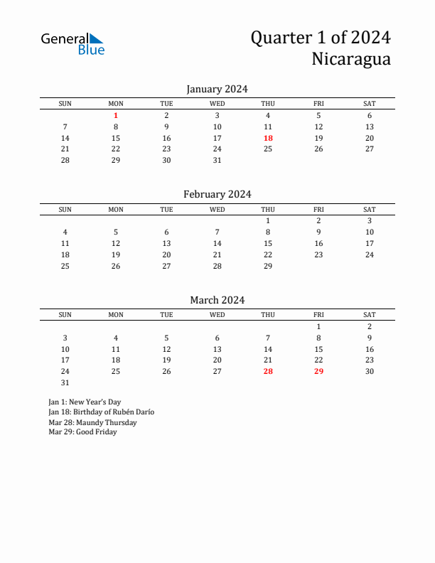 Quarter 1 2024 Nicaragua Quarterly Calendar