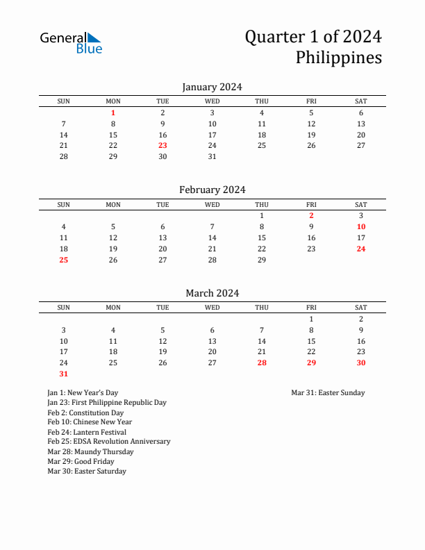 Quarter 1 2024 Philippines Quarterly Calendar