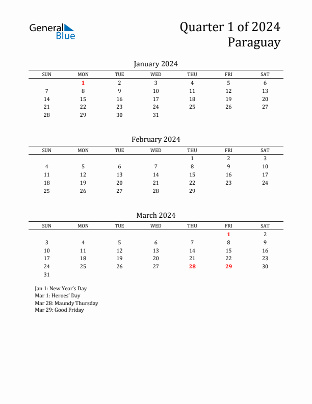 Quarter 1 2024 Paraguay Quarterly Calendar