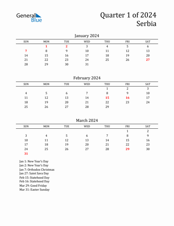 Quarter 1 2024 Serbia Quarterly Calendar